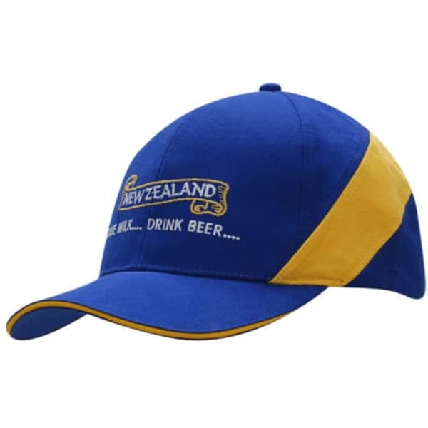 A blue and yellow cap with a fabric insert on the crown and a logo.