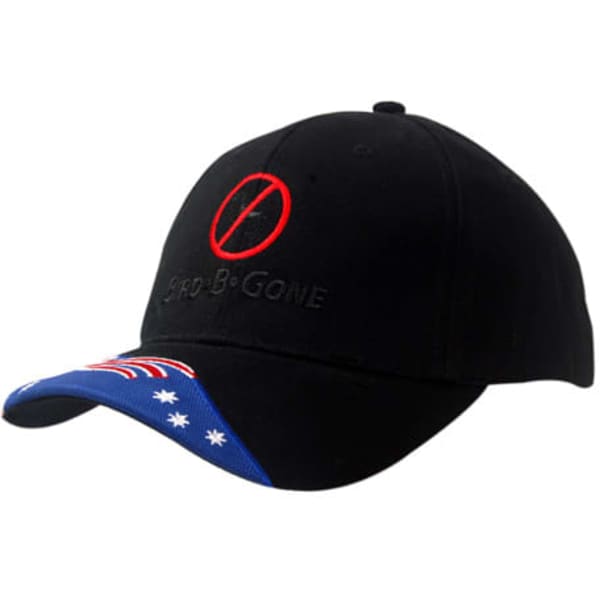 A black cap featuring a blue peak with an Australia flag design and an embroidered logo on the front.
