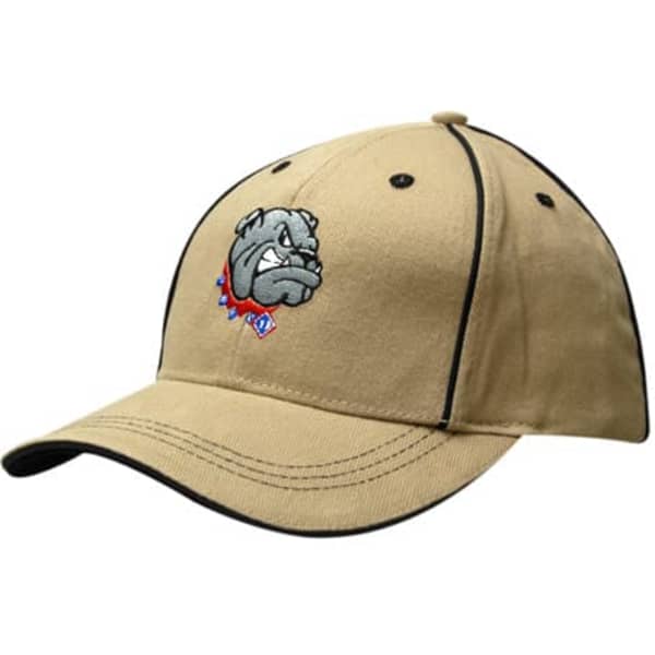 A tan cap with a bulldog logo and black trim along the crown and brim.