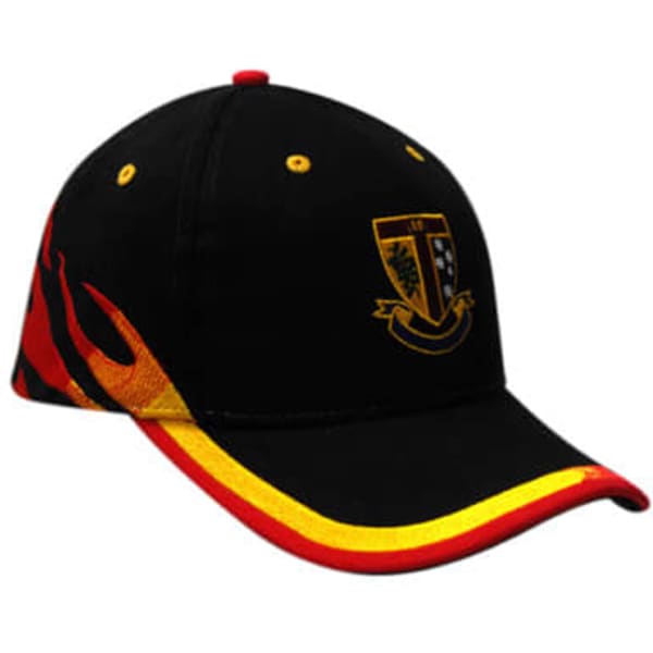 A black cap featuring flame embroidery in yellow and red, with a logo on the front.