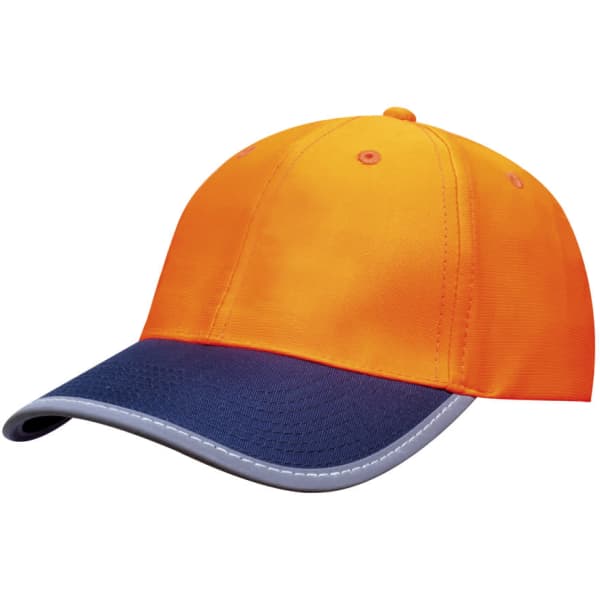 A reflective safety cap in vibrant orange with a navy blue brim and reflective trim. Features a logo on the front.