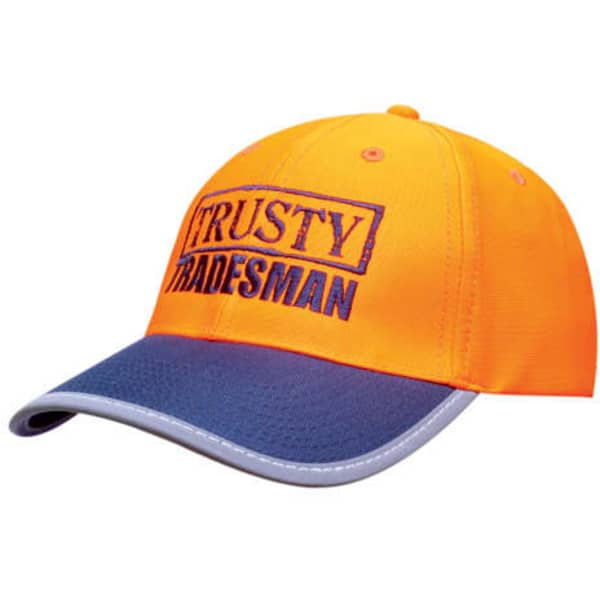 A bright orange cap with a navy blue brim, featuring a logo on the front. It has a reflective trim.