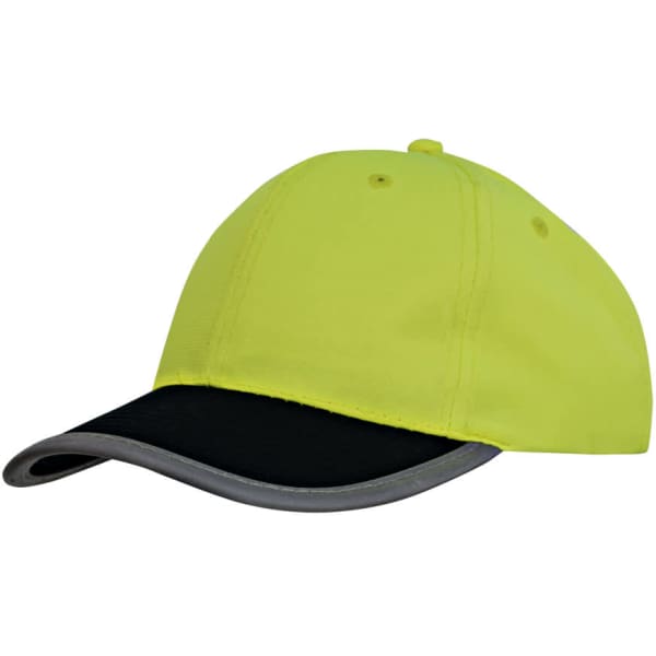 A luminescent yellow cap with a black visor and reflective trim, featuring a logo on the side.