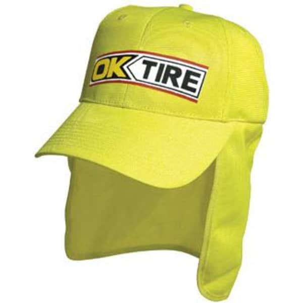 A bright yellow safety cap featuring a flap at the back and a logo on the front.