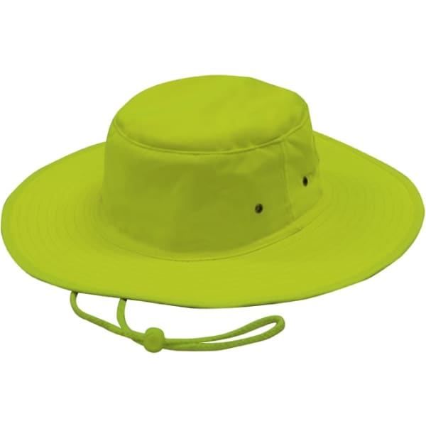 A luminescent yellow safety hat with a wide brim and adjustable chin strap, featuring ventilation eyelets.