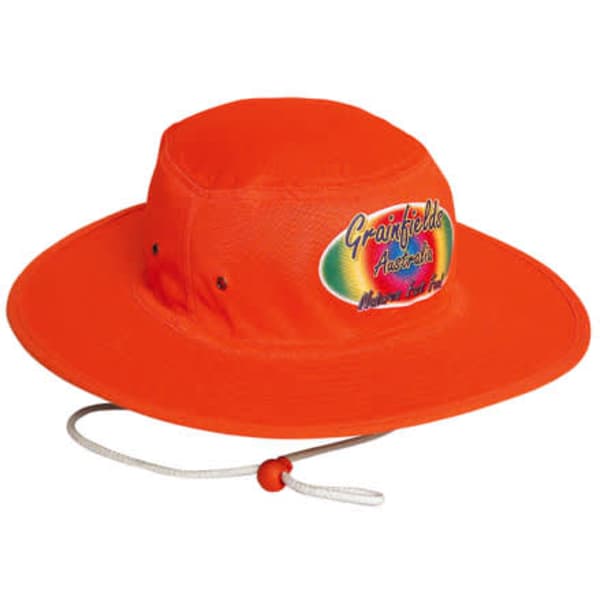 An orange luminescent safety hat with a wide brim and a logo on the front, featuring a chin strap.