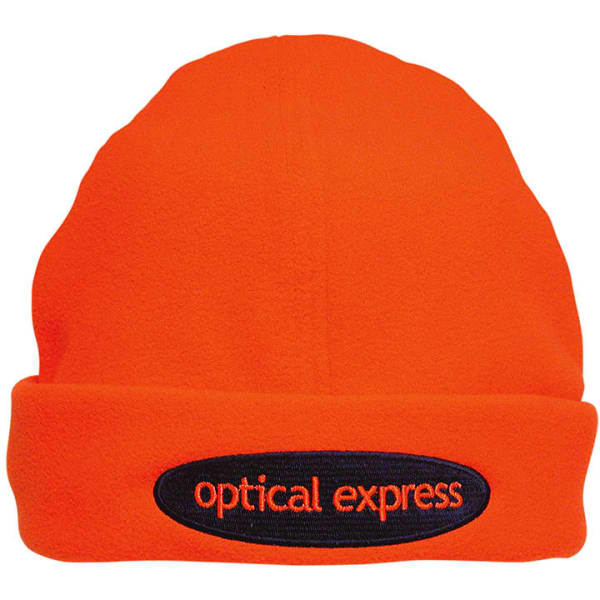 An orange beanie with a black band containing a logo. The beanie features a fold-up cuff design.