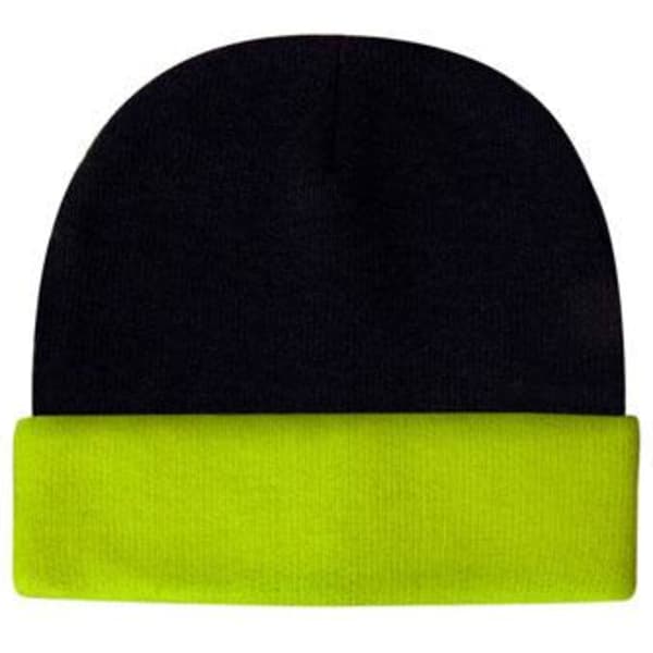 A luminescent safety beanie featuring a black top and a bright yellow fold-over cuff, with a logo present.
