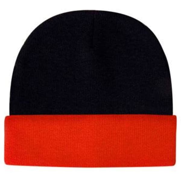 A black and red beanie featuring a fold-over cuff and a logo on the front.