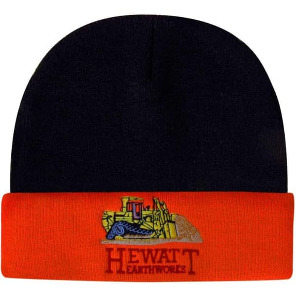 A black and orange beanie with a logo featuring a bulldozer and text.
