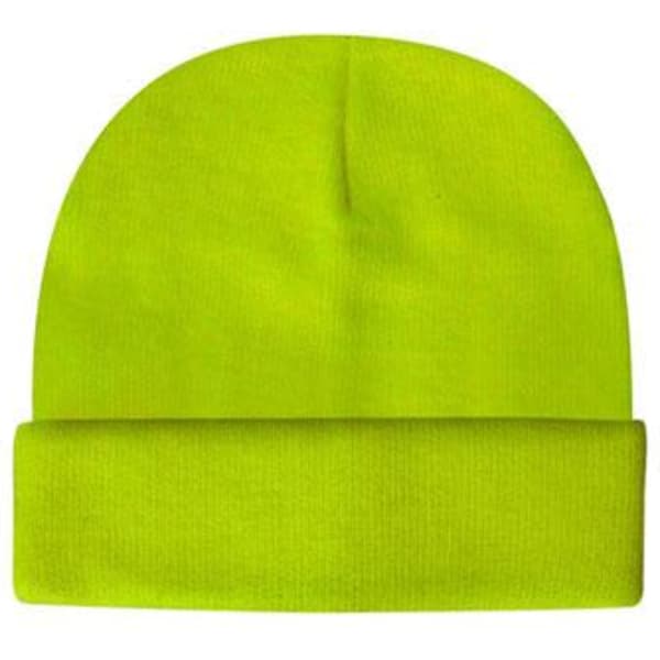 A luminescent safety beanie in bright yellow, featuring a foldable cuff, with a logo visible.