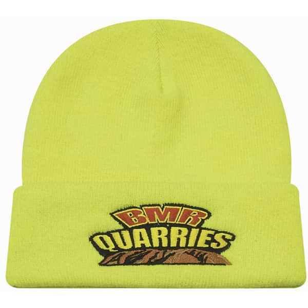 A luminescent safety acrylic beanie in bright yellow with a logo on the front.