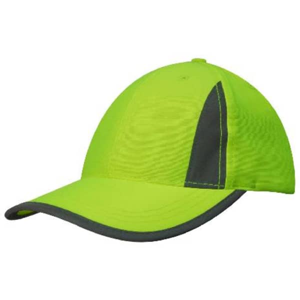 A bright lime green cap with a dark grey reflective trim and inserts. It features a logo on the side.