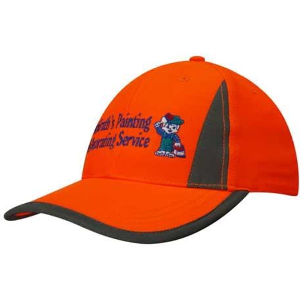 An orange cap with reflective inserts and trim, featuring a logo and text on the front.