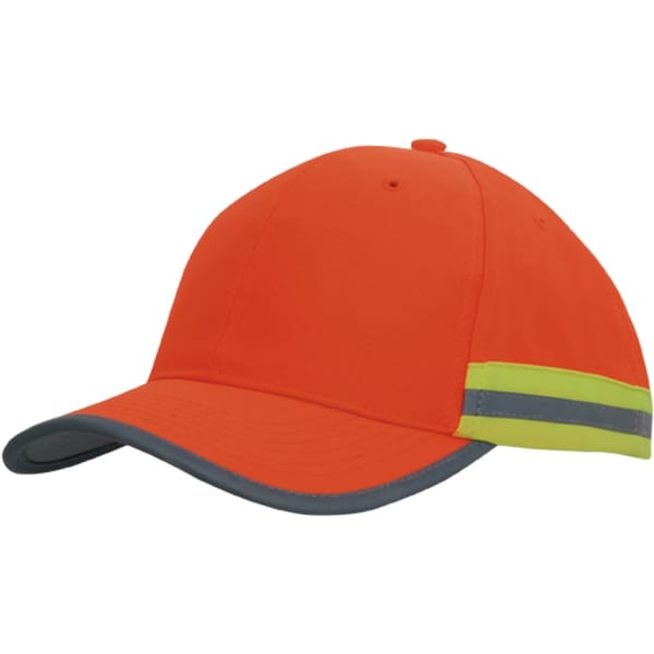 An orange cap featuring reflective tape and a grey peak, designed for high visibility. It has a branding logo.
