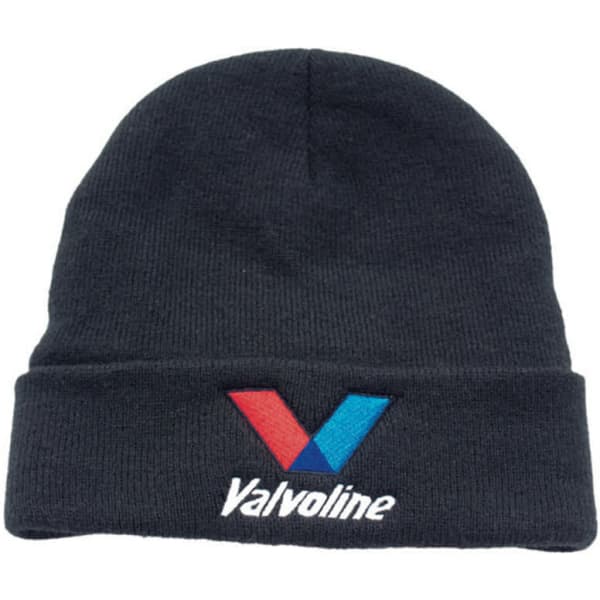 A black acrylic beanie with Thinsulate lining and a logo featuring blue, red, and white colours.