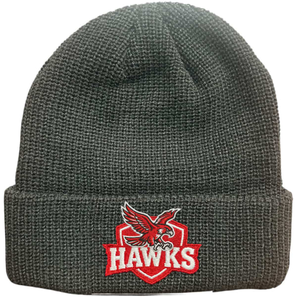 A grey knitted beanie with a fold-up brim and an embroidered logo featuring a hawk and the word 