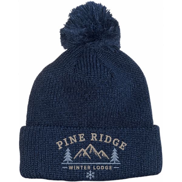A navy blue, six-seam knitted beanie with a pom pom on top and an embroidered logo.