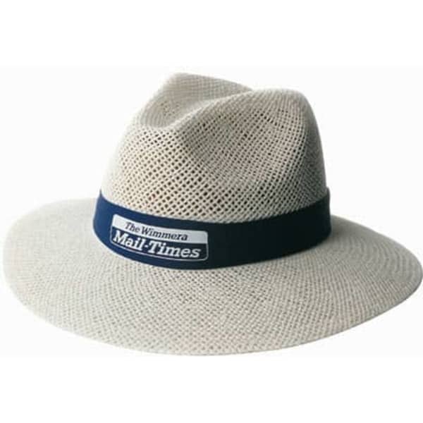 A wide-brimmed straw hat in light beige with a dark blue band featuring a logo.