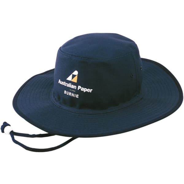 A navy bucket hat with a branded logo and an adjustable chin strap.