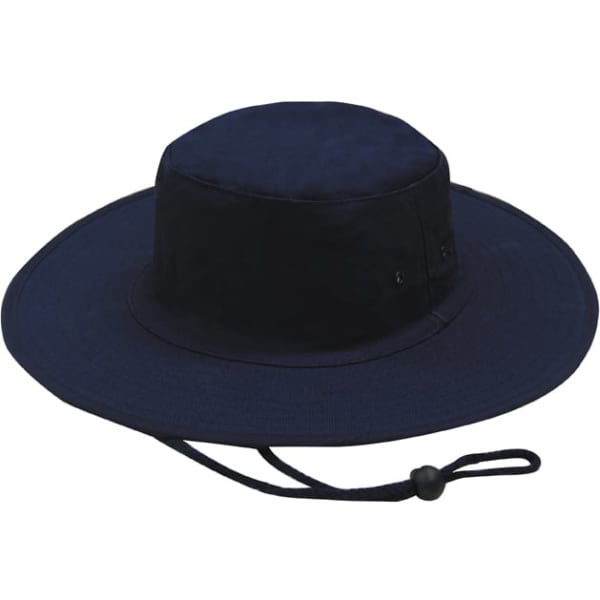 A navy canvas hat with a wide brim and a drawstring, featuring a logo on the side.