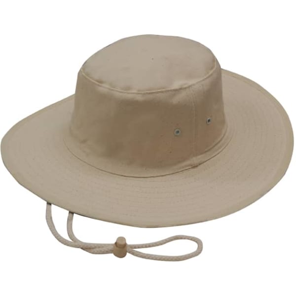 A beige canvas hat with a wide brim and a chin strap, featuring ventilation eyelets.