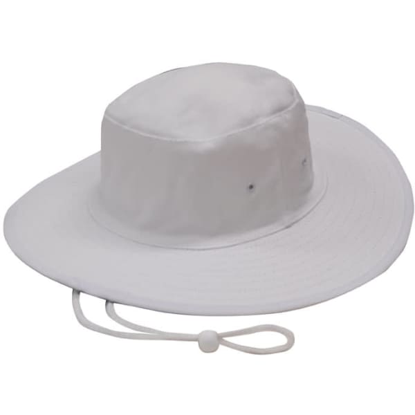 A white canvas hat with a wide brim and adjustable chin strap, featuring eyelets for ventilation.