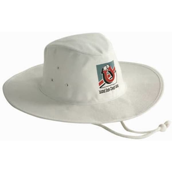 A white Poly Cotton Slouch Hat featuring a logo on the front and an adjustable chin strap.