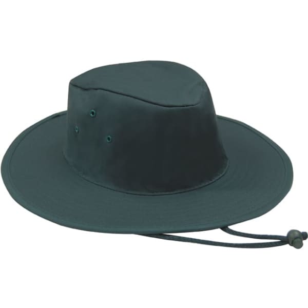 A green poly cotton slouch hat featuring ventilation holes and a drawstring for adjustment.