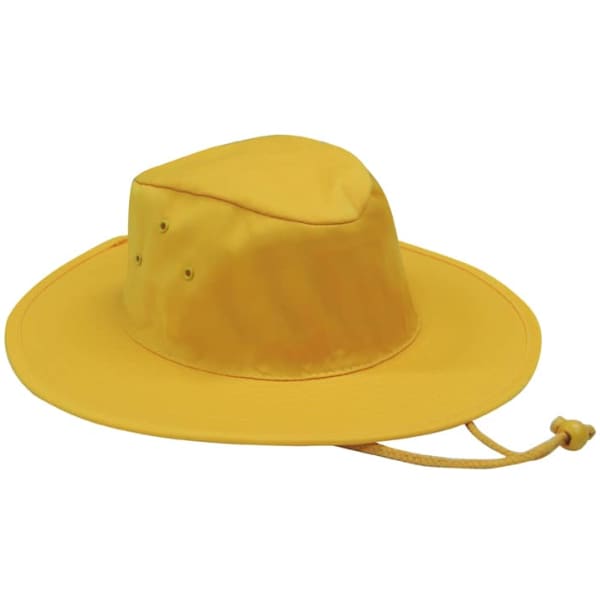A yellow poly cotton slouch hat with a wide brim and a chin strap for secure wear.