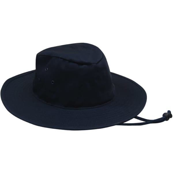 A black Poly Cotton Slouch Hat with ventilation holes and an adjustable drawstring. It has a simple design and no visible branding.