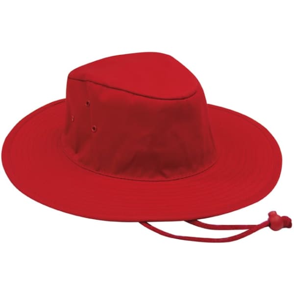 A red Poly Cotton Slouch Hat with a wide brim and a chin strap, featuring ventilation holes.
