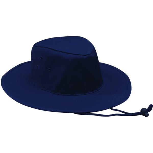 A navy poly cotton slouch hat with an adjustable chin strap and ventilation eyelets. It has a simple design and branding.
