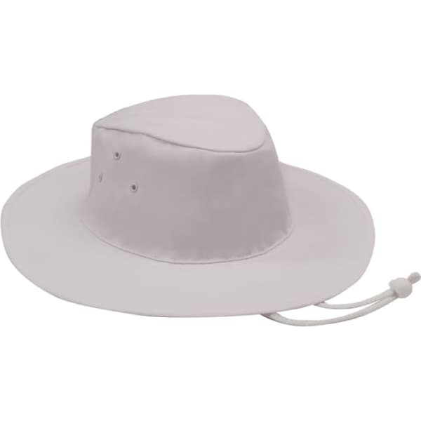 A white Poly Cotton Slouch Hat with a wide brim and adjustable drawstring, featuring ventilation holes.