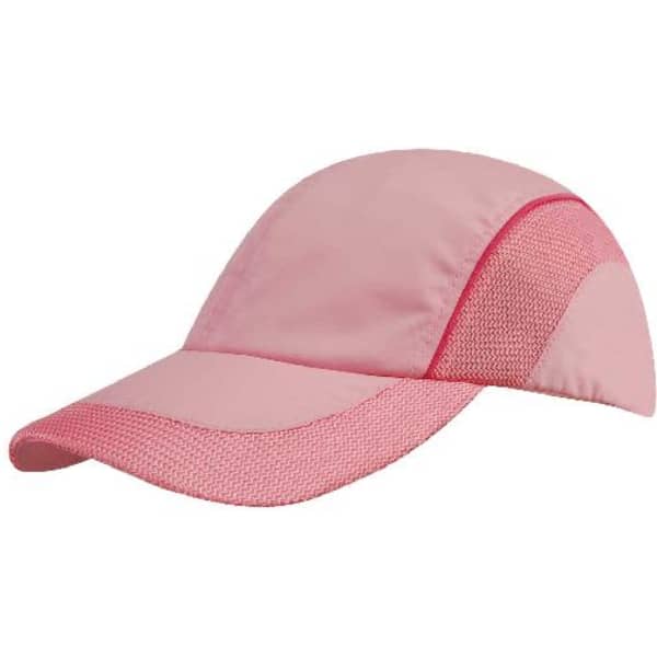 A pink woven fabric cap featuring mesh side panels and a peak, complemented by a logo.