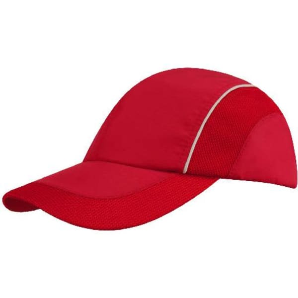 A red cap featuring woven fabric and mesh side panels, with a curved peak and a logo.