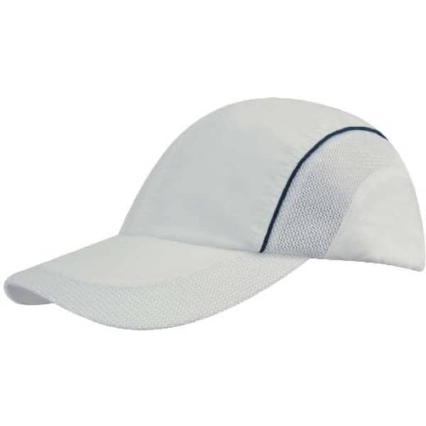 A white cap with a mesh design on the side panels and peak, featuring a logo.
