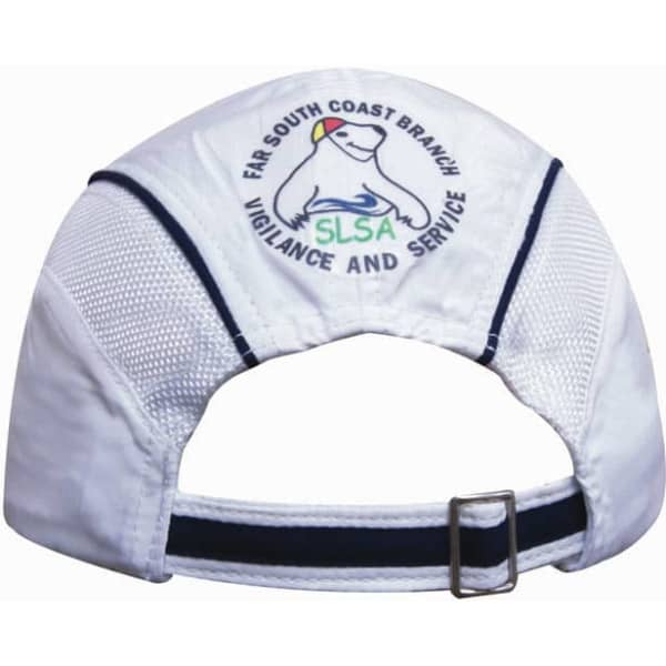 A white cap featuring mesh side panels and a peak, with a logo on the back.