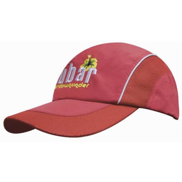 A red cap featuring woven fabric with mesh side panels and a peak, adorned with a logo.