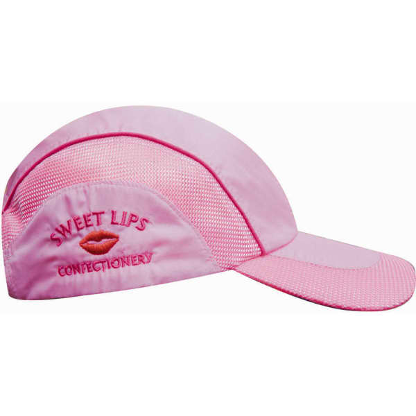 A pink cap featuring woven fabric with mesh side panels and a peak. It has a logo on the side.