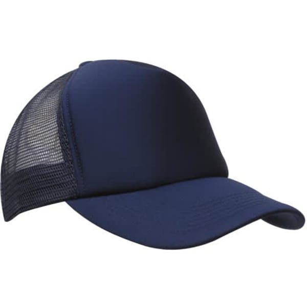 A navy blue truckers mesh cap featuring a solid front and breathable mesh back, with a curved brim.