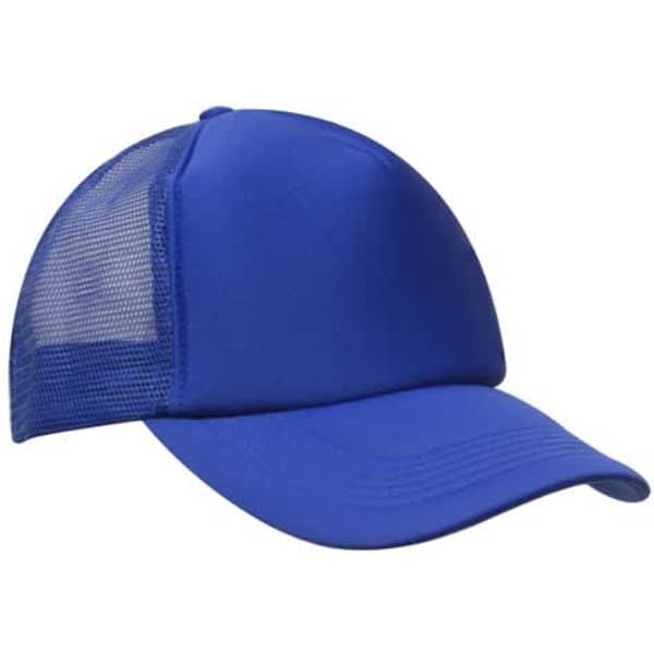A blue truckers mesh cap featuring a solid front and mesh back, ideal for casual wear.