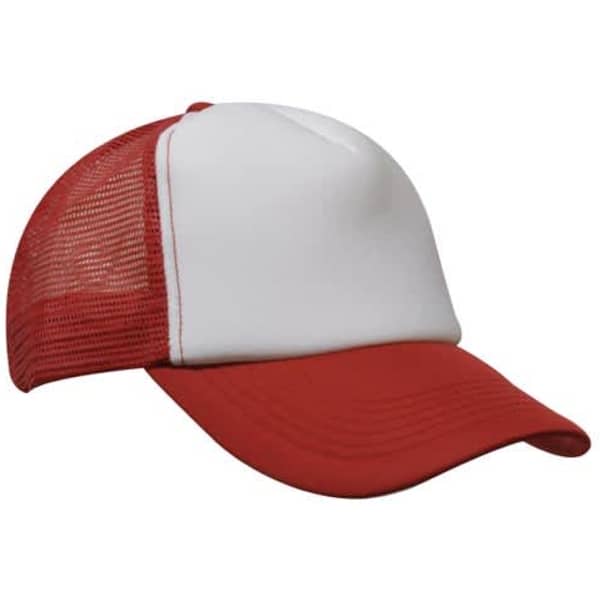 A red and white truckers mesh cap with a solid front panel and a ventilated mesh back.