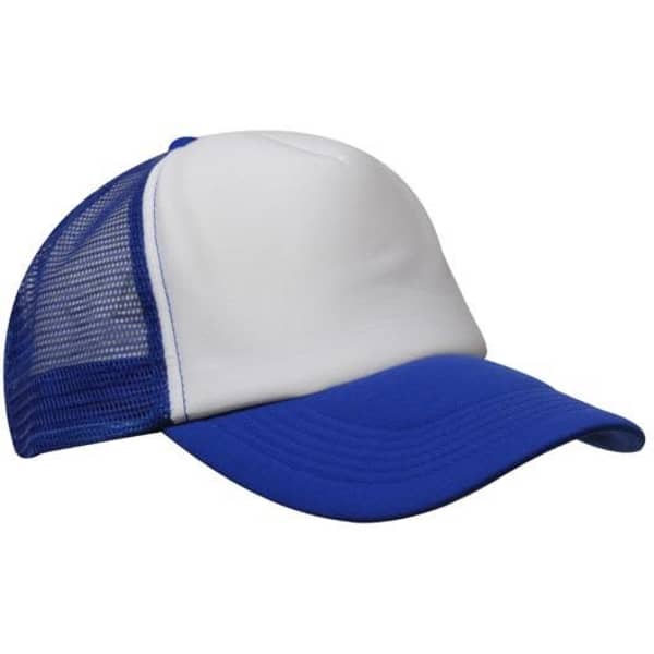 A truckers mesh cap featuring a white front panel and blue brim and mesh sides. It has a logo on the front.