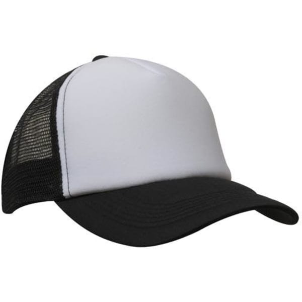 A truckers mesh cap featuring a white front and black mesh sides and brim, with a logo on the front.