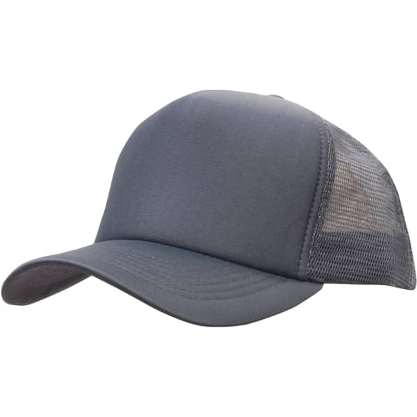 A grey trucker mesh cap with a solid front panel and mesh sides, featuring a curved brim.