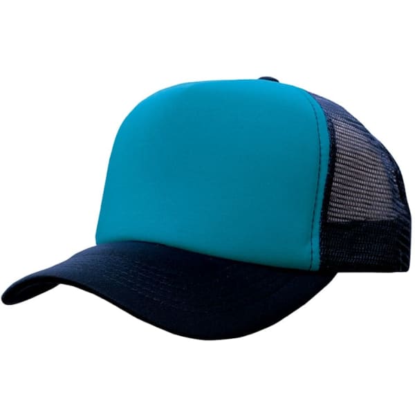 A truckers mesh cap featuring a teal front and black mesh sides, with a curved peak and an adjustable strap.