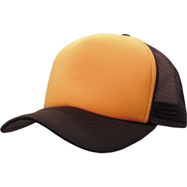 A truckers mesh cap featuring an orange front and a black mesh back. It has a curved brim and a logo.