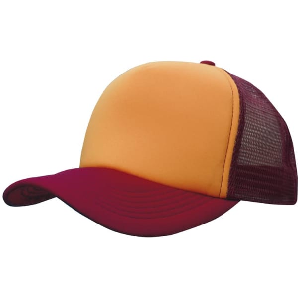 A truckers mesh cap in orange and maroon with a structured front and mesh back.