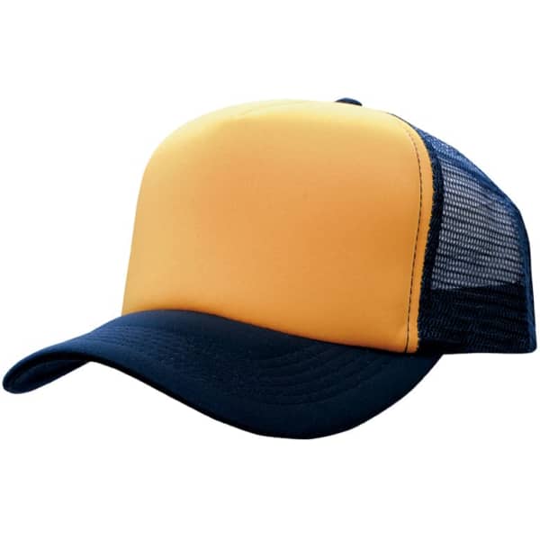 A yellow and navy trucker mesh cap featuring a solid front and mesh sides, with an adjustable back.